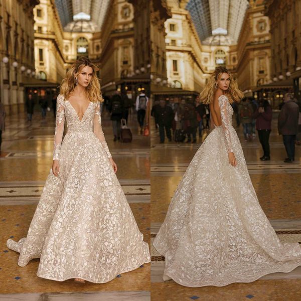 

berta beloved wedding dresses deep v-neck long sleeves full lace bridal gowns open back sweep train a-line wedding dress robe de mariee, White