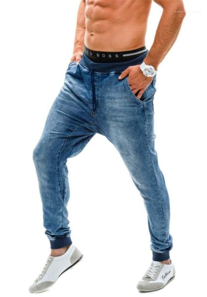 

jeans male european and american thread waist loose mens jogging pants designer pants new elastic high waist, Blue