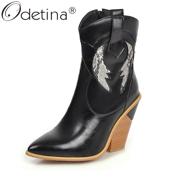 

odetina womens strange high heel western cowboy tabs boots winter ladies thick heel ankle boots zip up pointed toe plus size 43, Black
