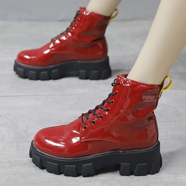 

women's boots patent leather red black autumn ankle shoes for women non-slip waterproof soft punk rubber boots fashion shoes