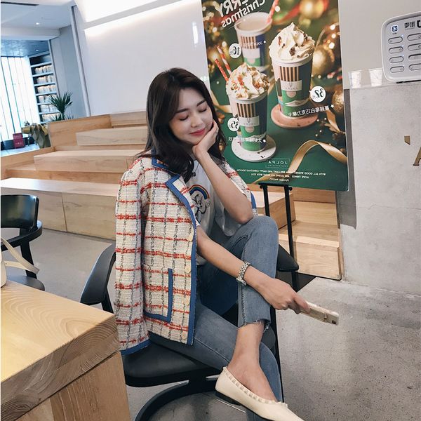 

ins woolen jacquard fabric contrast color stripe lady temperament short coat female, Black;brown