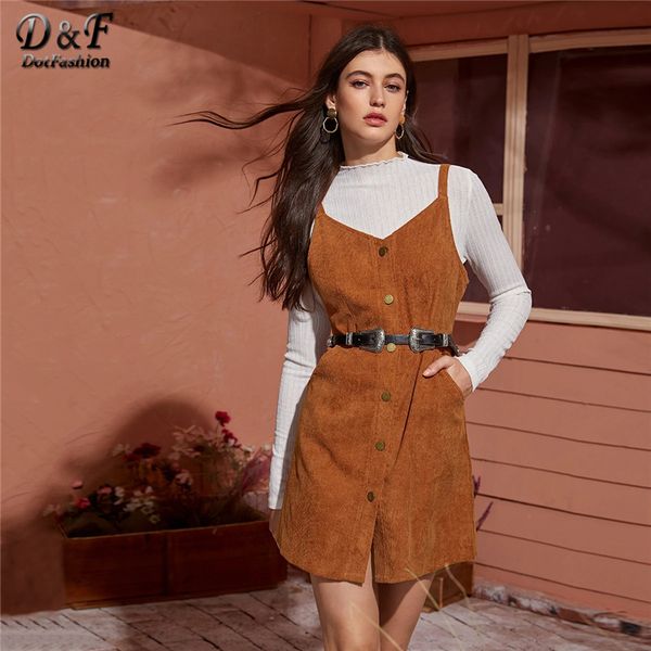 

dotfashion button up corduroy cami dress without belt women 2019 autumn sleeveless straight dresses ladies camel mini dress, Black;gray