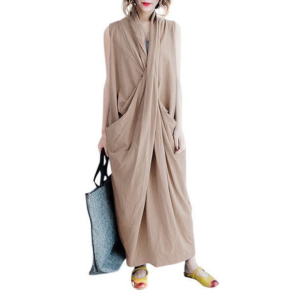 

women casual long dress oversized deep v-neck sleeveless fashion cross plus size dress xxxl 4xl 5xl pockets party maxi, Black;gray