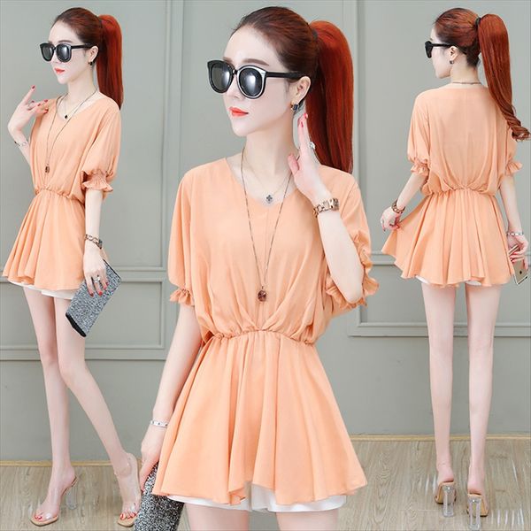 

24 x 78253-1 t- female 2020 summer refreshing comfortable waist slim v collar elastic lace sleeve shirt small shirt, White