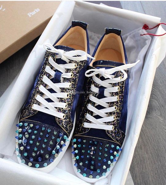 

luxury spikes blue suede leather junior low red bottom sneakers shoes men & women casual perfect outdoor trainer with originals box, Black