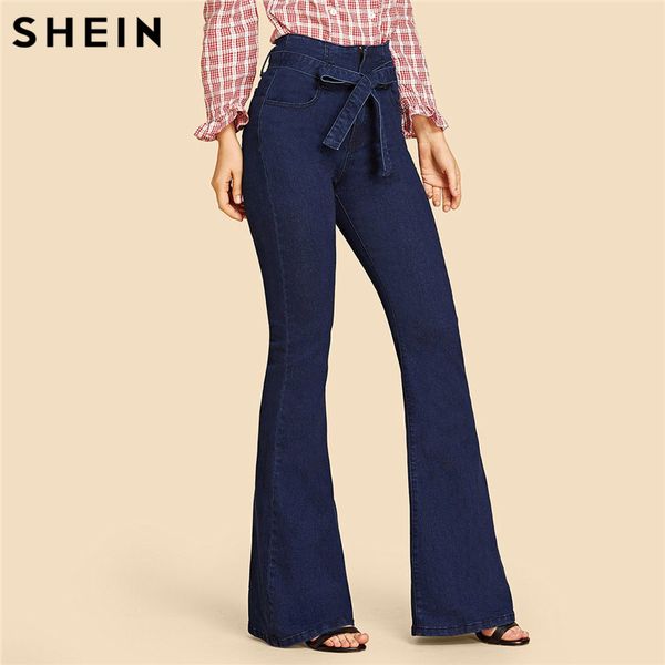 

shein navy high waist vintage long flare leg belted jeans women tie waist zipper retro stretchy black denim pants 4 colors, Blue