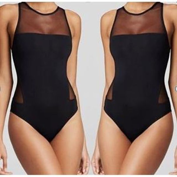 

20187 colrovie mesh yoke puff sleeve fitted bodysuit 2018 new summer black short sleeve solid bodysuit casual women mesh bodysuit, Black;white