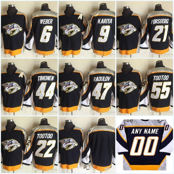 

nashville predators vintage version jerseys 9 kariya 44 timonen 47 radulov 21 forsberg 6 weber 22 tootoo 55 tootoo ccm ice hockey jerseys, Black;red