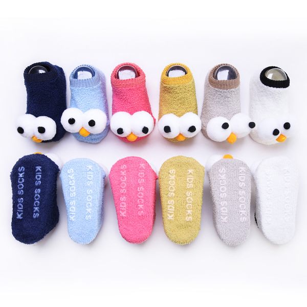 

cute 3d big eyes baby floor socks coral fleece anti-slip toddler first walker socks girls boys autumn winter boat socks, Pink;yellow