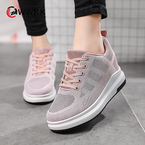 

wwkk 2019 autumn sneakers breathable mesh women running shoes increase sole hollow out female casual platform flats ladies shoes