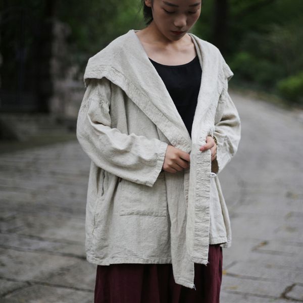 

johnature women hooded vintage shirt pockets 2020 autumn new linen long sleeve loose blouse original female shirts, White