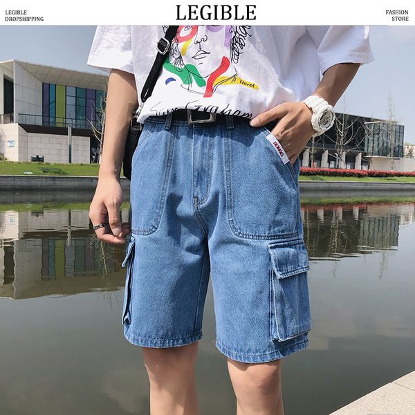 

legible 2020 new fashion summer short jeans loose straight men casual men korean shorts big pocket denim shorts, Blue