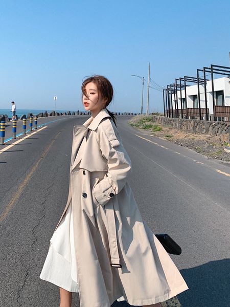 

women's trench coats long over the knee loose coat a003, Tan;black