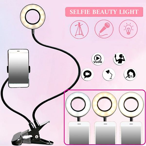

selfie flash ring light + mobile phone holder led camera long arm usb clip on usb 10-level brightness mobile clip light