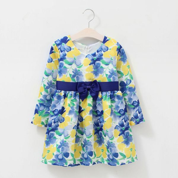 

девочек платье spring bow печать с длинным рукавом платье детей, Red;yellow