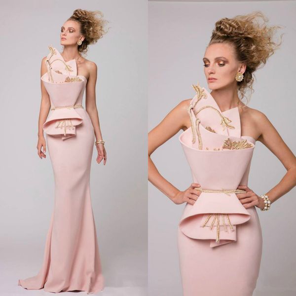 Einzigartiges design rosa meerjungfrau prom kleider mit goldstickerei geraffte satin rückenfreie abendkleider saudi arabisch lange formelle kleidung partykleid