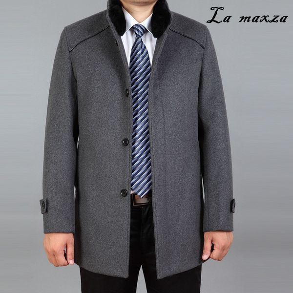 

2019 winter plus size cashmere wool mens coats turn-down fur collar thick overcoat for men, Black
