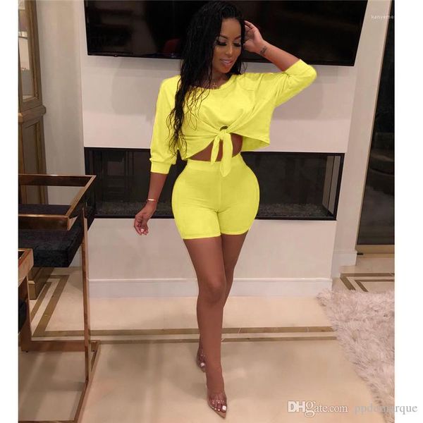 

bow women necessary summer tracksuits designer crew neck women 2pcs shorts suits bare midriff with, Gray
