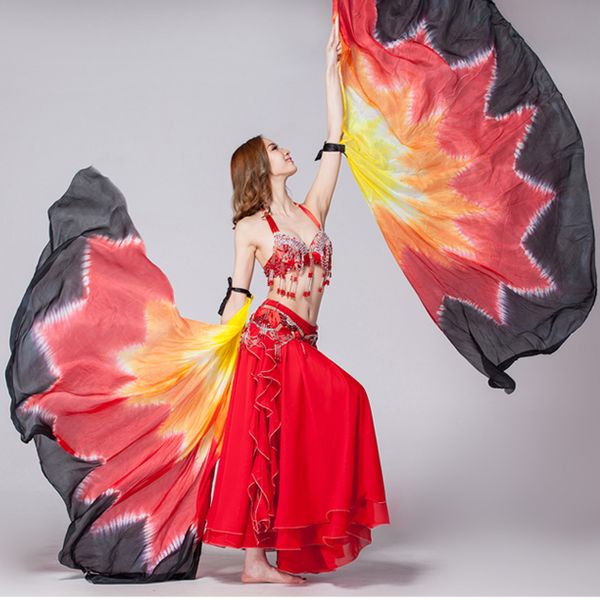 

half circle 100% silk stage performance props 1 pair silk veil dance gradient color with wooden sticks belly dance veils wings, Black;red