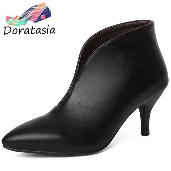 

doratasia new fashion girl thin heel pointed toe slip on black boots boots women consise elegant office shoes woman