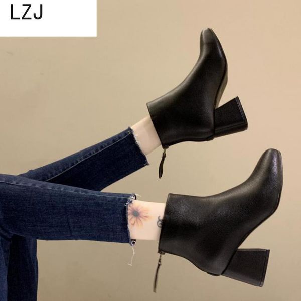

2020 new fashion leather ankle boots women thick high heels zipper pointed toe autumn winter woman shoes square heel white black