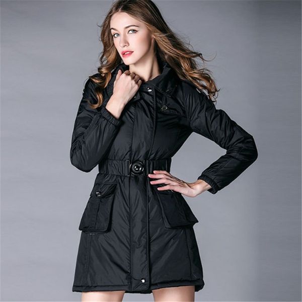 

elegant slim parka jacket women winter down cotton padded coat office ladies large pockets removable hooded warm parkas ds50952, Tan;black