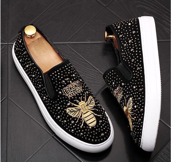 

мода дизайнерские мокасины мужские повседневная обувь алмаз вышивки пчел мужские квартиры скользят на ленивый обувь zapatos hombre 37-43 lf2, Black