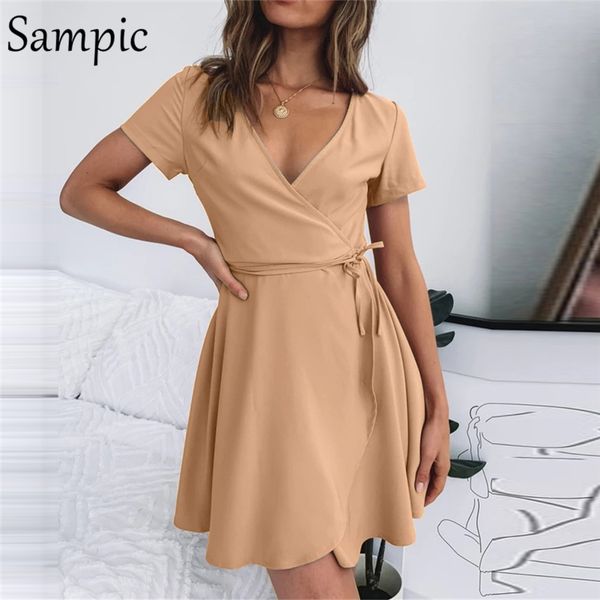 

sampic new fashion elegant summer v neck women party short dress lace up club pink mini a line short sleeve dress sundress, Black;gray