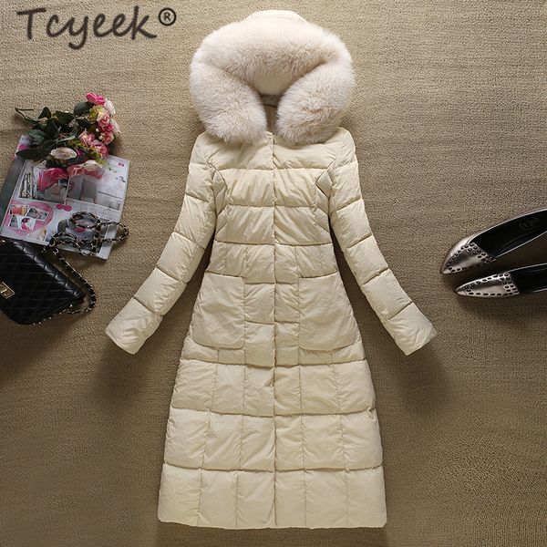 

tcyeek fashion winter coat female 90% duck down jacket + large fur hooded korean ladies warm thick long coats hiver yrf9802a, Black