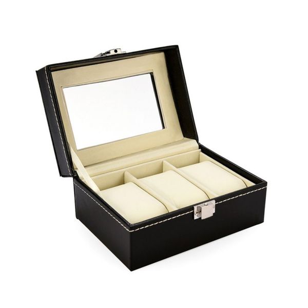 

3 slots leather watch display box wristwatch storage holder organizer case new vcqy, Black;blue
