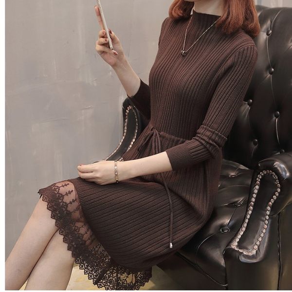 

women warm sweater dress autumn winter elastic soild long sleeve casual a-line knitting dress female patchwork race knit dress, Black;gray