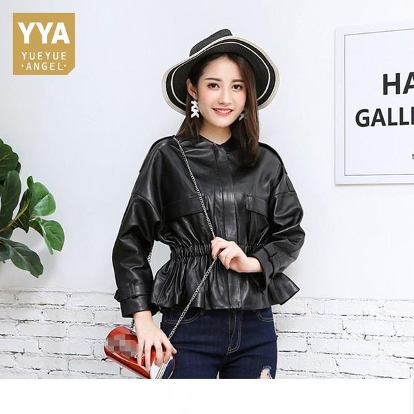 

2019 новый осень зима женская натуральная кожаная куртка эластичный пояс оборками slim fit верхняя одежда бизнес офис леди костюмы пальто, Black