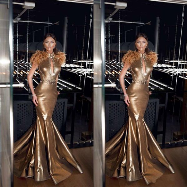

Gold Feather Mermaid 2019 Prom Dresses High Neck Beaded Satin Formal Evening Gowns Custom Made Long Zuhair Murad Party Dresses
