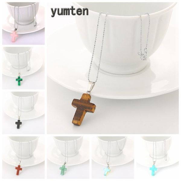 

yumten stone cross pendant necklace tiger eye charms clavicular chain women choker jewelry men christian catholic accesories, Silver