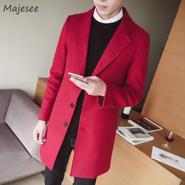 

wool men turn-down collar solid colour single breasted long slim outerwear mens winter coats new arrival 2019 thicker blends, Black