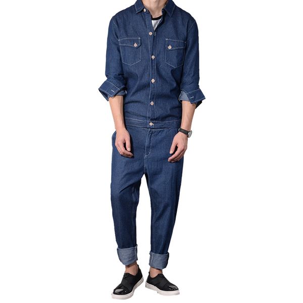 

mcikkny fashion men hip hop denim bib overalls washed jeans jumpsuit streetwear jumpsuit for male suspender pants multi-pockets, Blue