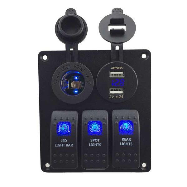 

waterproof dc12v/24v 3 gang blue rocker switch panel +blue power socket+ double usb 4.2a power outlet charger voltmeter socket for marine bo