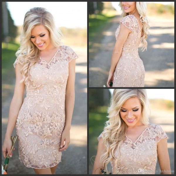

cap sleeves country bridesmaid dresses v neck full lace short sheath wedding guest wear party dresses maid of honor gowns, White;pink