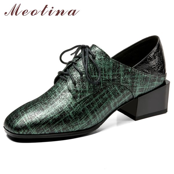 

meotina women pumps high heels natural genuine leather chunky heels shoes lace up square toe office ladies shoes big size 34-42, Black