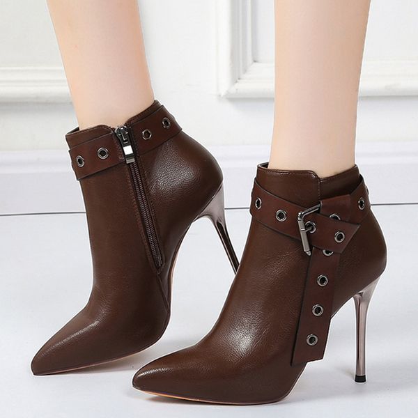 

rimocy super high heels shoes woman elegant pointed toe pu leather ankle boots for women fashion belt buckle party shoes female, Black