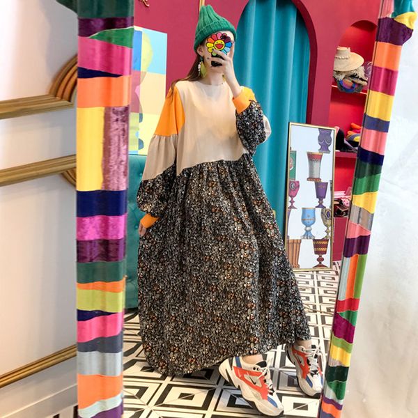 

корейский стиль женщины длинное платье весна новый 2020 печати дамы платье хлопок печати с длинным рукавом круглый воротник женская одежда v, Black;gray