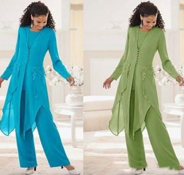 

2019 Elegant Chiffon With Long Sleeves Jewel Neck Ruffles Mother Of the Bride Pant Suits Mother Suits with Jacket Cheap Custom Made