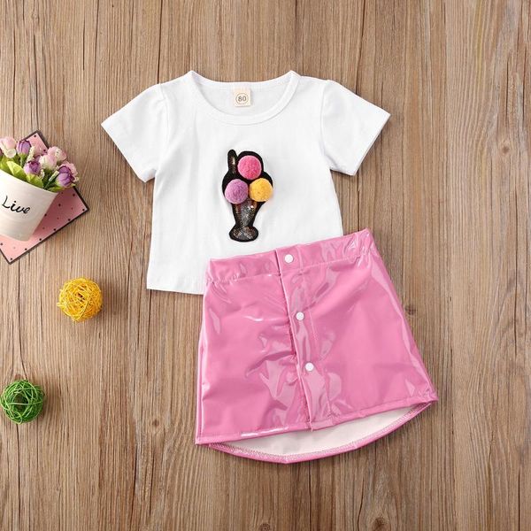 

fashion toddler baby girl clothes short sleeve ice cream print t shirts pink pu leather skirts outfits set 2pcs, White