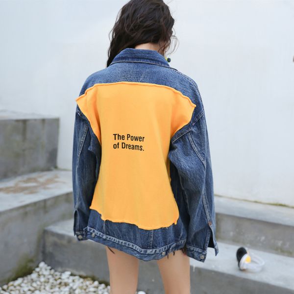 

punk style back patch designs ripped blue denim jacket women 2018 autumn slim cotton light washed long sleeve jeans jacket coats, Black;brown