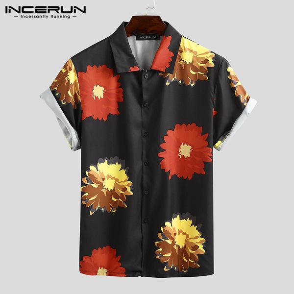

incerun flower printed casual shirt men short sleeve streetwear camisa masculina vintage lapel summer 2020 hawaiian shirts s-3xl, White;black