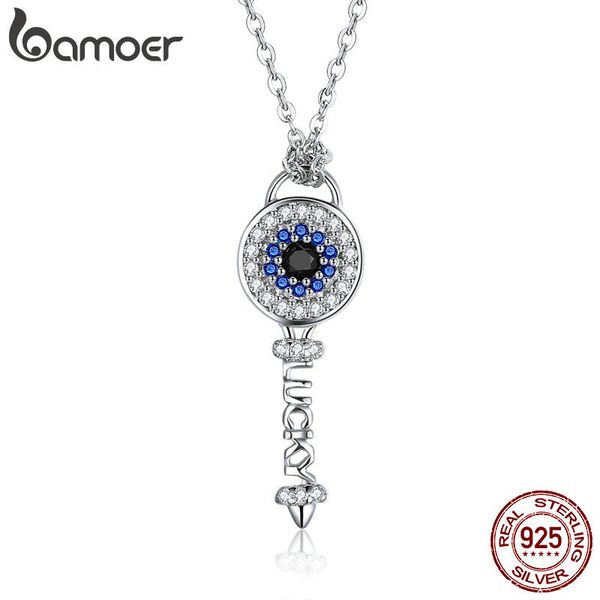 

bamoer authentic 925 sterling silver love key pendant necklaces for women female blue crystal necklace jewelry bsn013