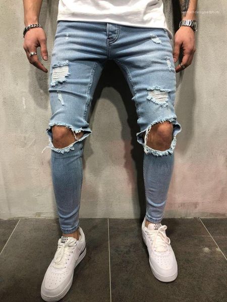 

отверстия дизайнерские джинсы мужские slim fit подросток мальчик хип-хоп рваные джинсовые брюки привет улица скейтборд, Blue