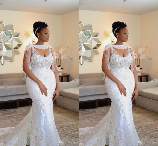 

люкс плюс размер mermaid weddding dreses наматывается бисером кристалл кружева аппликация спагетти свадебное платье свадебные платья vestido, White