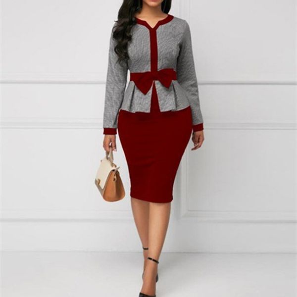 

gaoke ruched wine red bow dress two piece set office outfit women long sleeve and mid skirt autumn, White