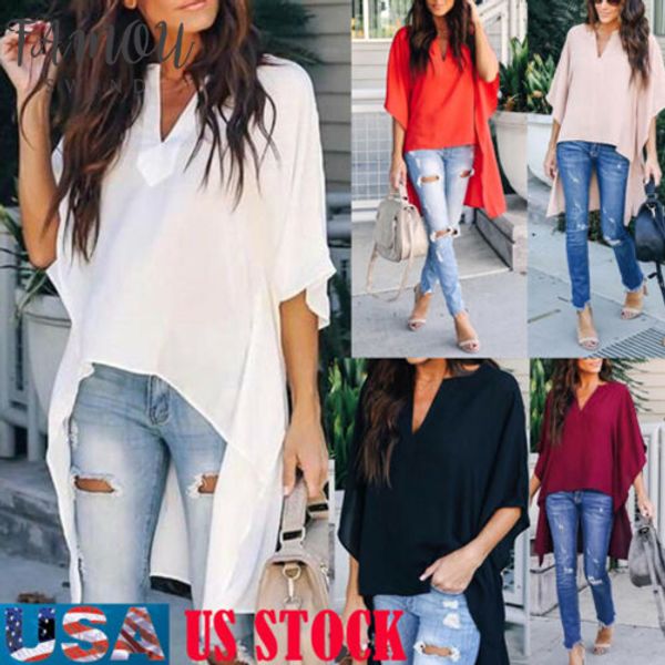 

2020 women blouses applique summer elegant irregular v neck chiffon soft tunic casual solid breathable half batwing sleeve shirts, White